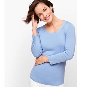 Talbots Cornflower Blue Scoop Neck Sweater Womens Size M Button Cuff Knit
